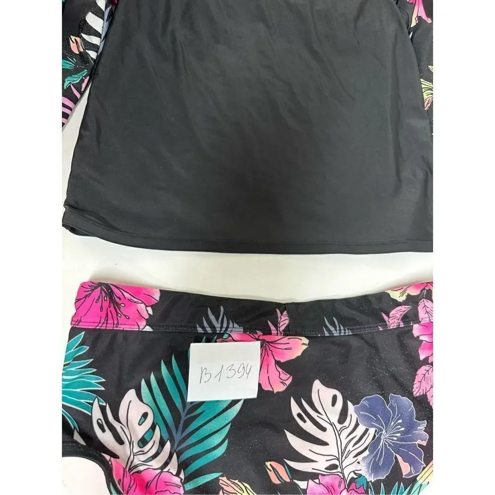 Justice Girl Rash Guard SET 2 pc Black Floral  Swimsuit UPF 50+ Sz16-18(XL)